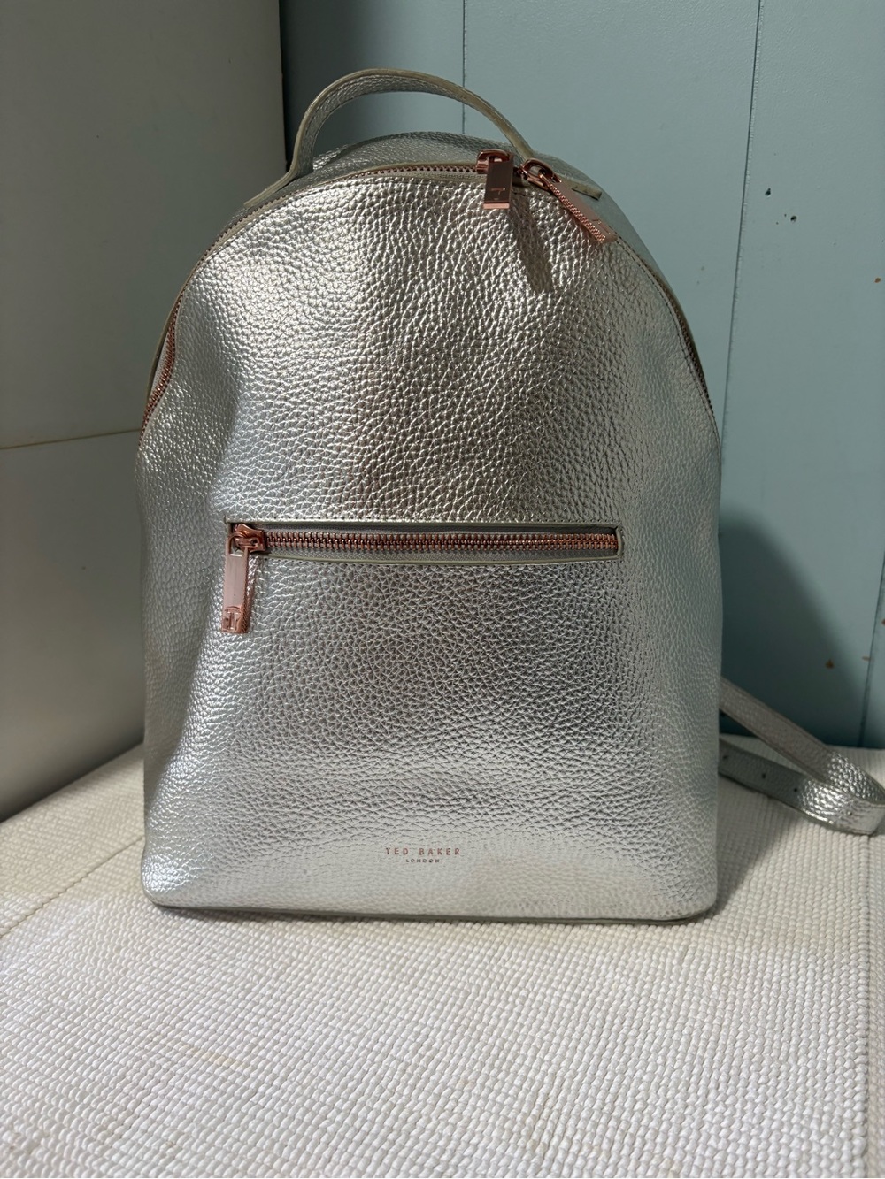 Ted Baker Silver Metallic Pebbled Backpack with Rose Gold Hardware